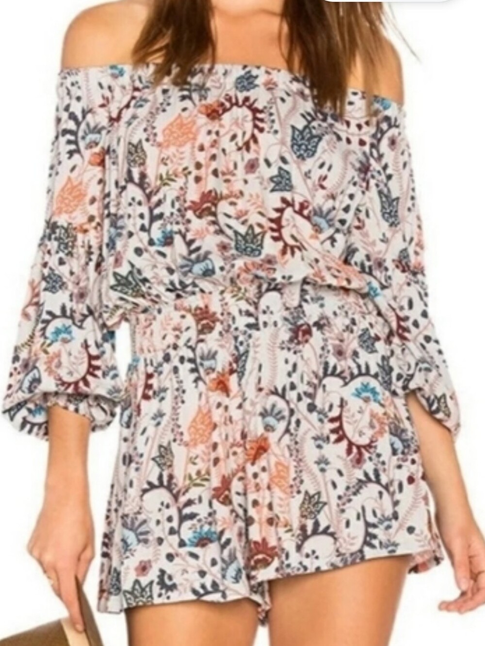 Free People Off-Shoulder Floral Romper in Cream with Multi-Colored Print